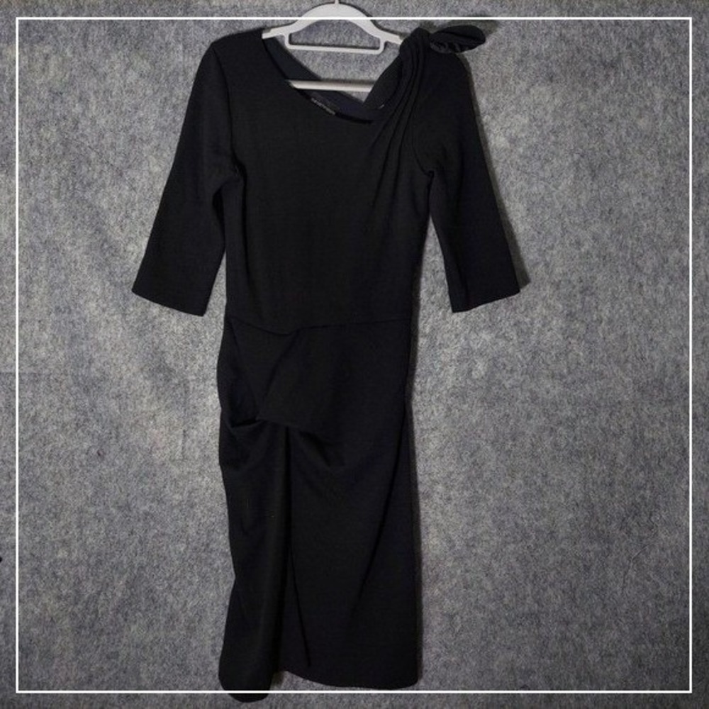 Emporio Armani‎ Dress Women 6 Black Wool Ruched Bow Asymmetric Neck Quiet Luxury